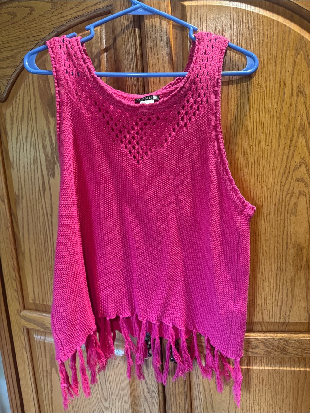 VENUS Bright Pink Crochet Fringe Tank